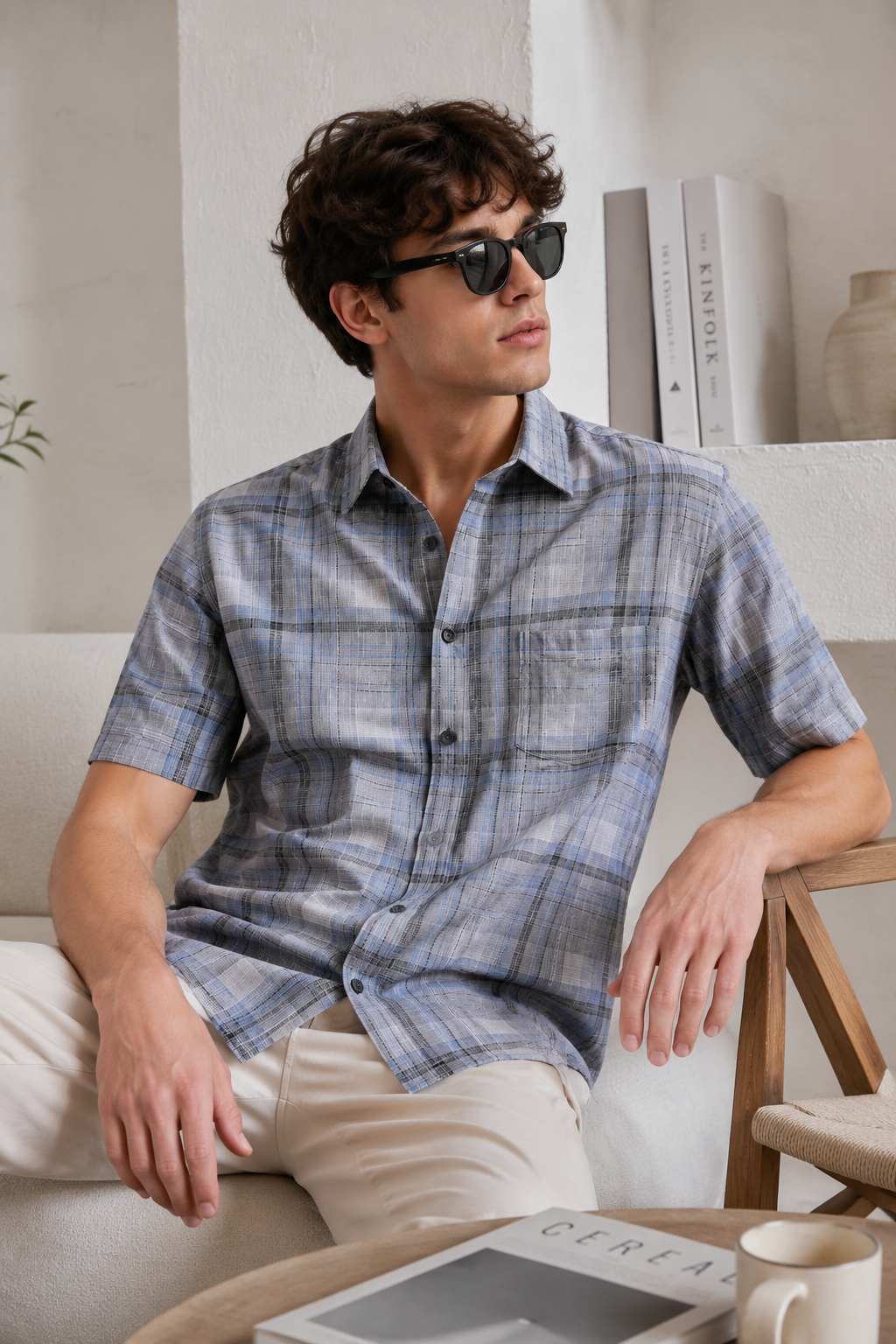 Sage Green Textured Plaid Cotton Casual Shirt - 27032