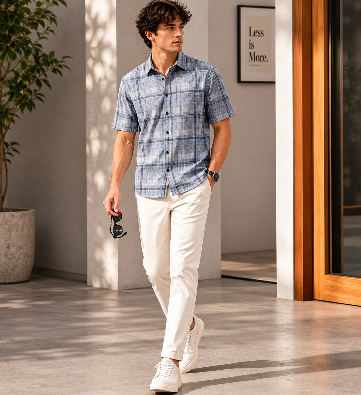 Sage Green Textured Plaid Cotton Casual Shirt - 27032