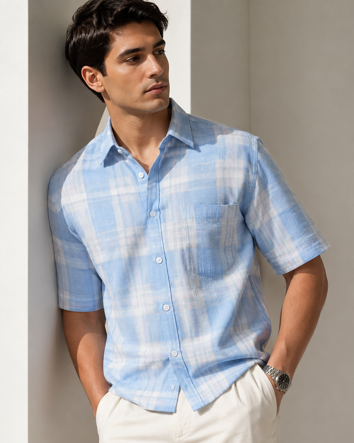 Light Blue Plaid Short Sleeve Shirt - Textured Summer Check
