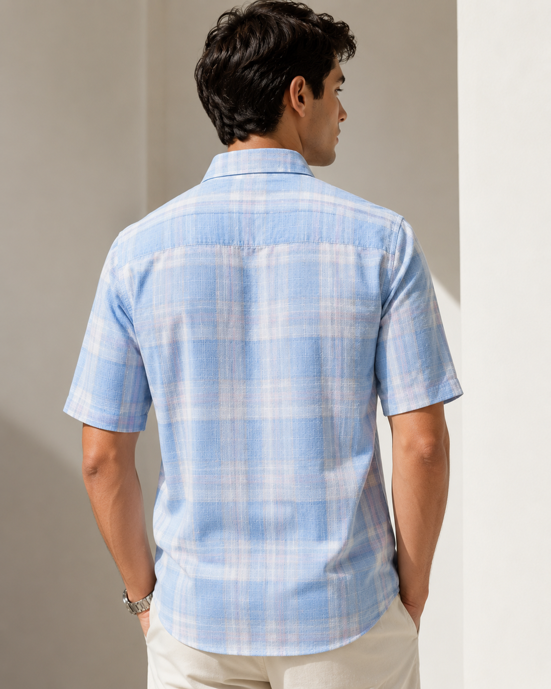 Light Blue Plaid Short Sleeve Shirt - Textured Summer Check