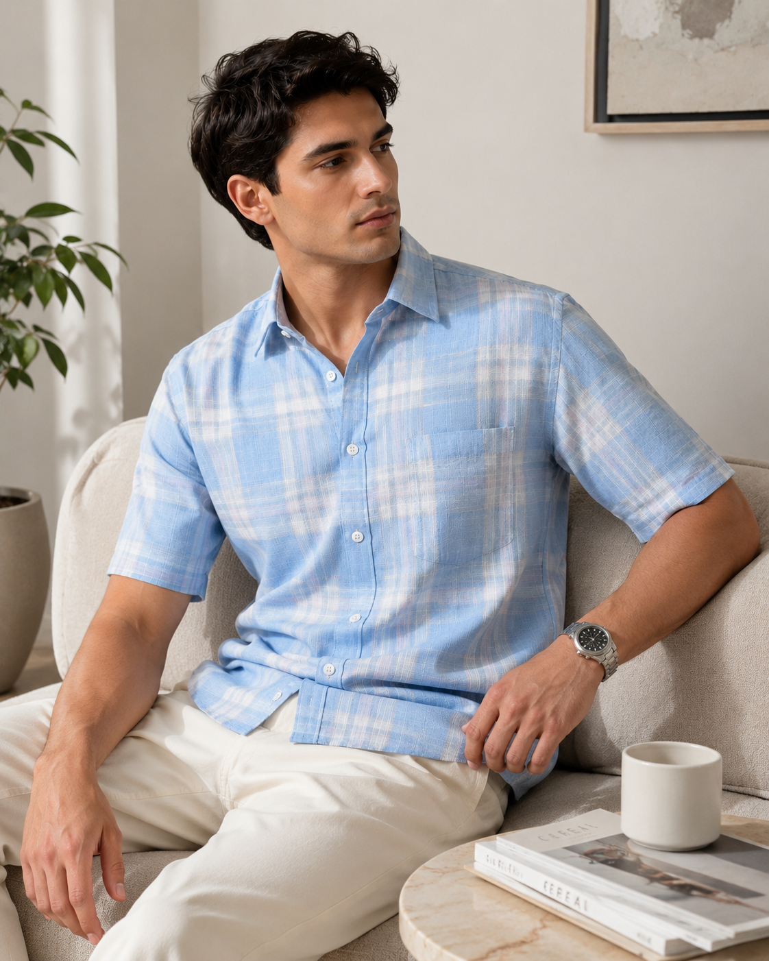 Light Blue Plaid Short Sleeve Shirt - Textured Summer Check
