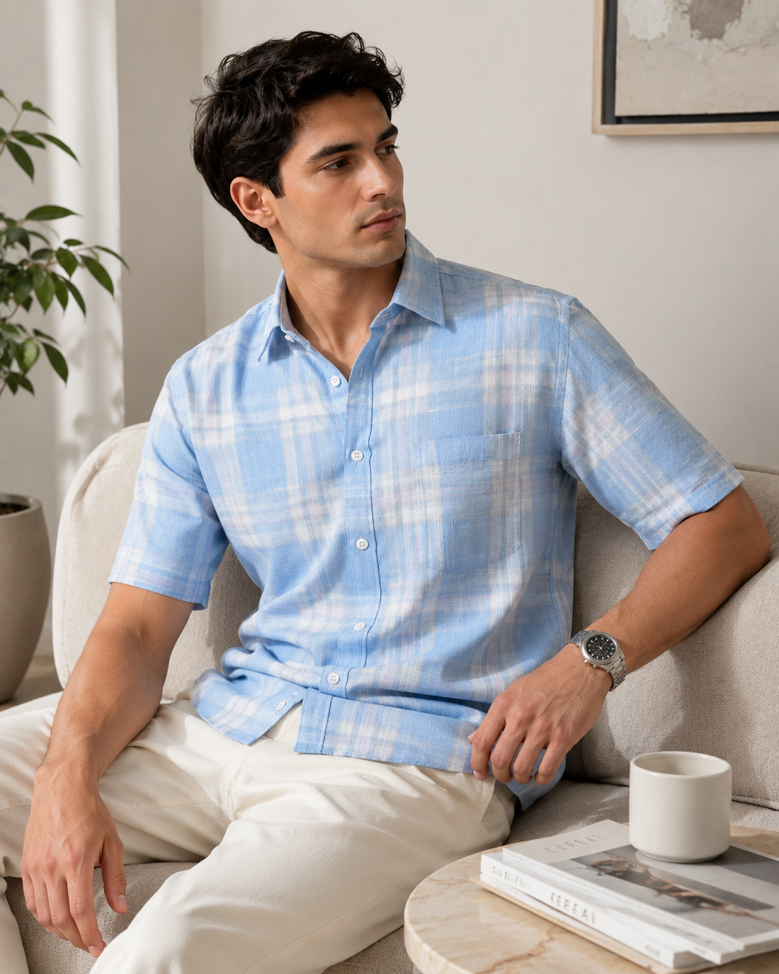 Light Blue Plaid Short Sleeve Shirt - Textured Summer Check