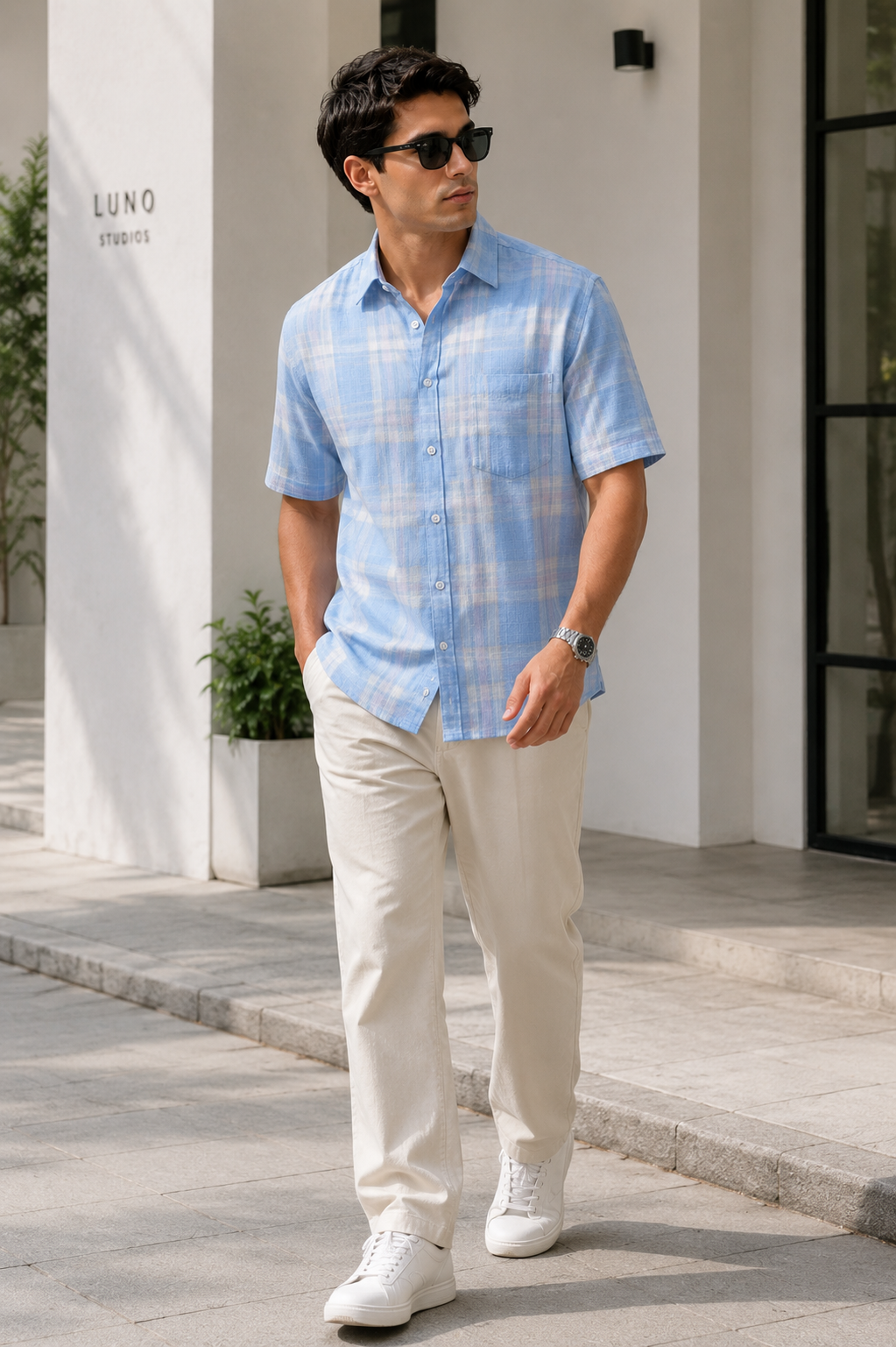 Light Blue Plaid Short Sleeve Shirt - Textured Summer Check
