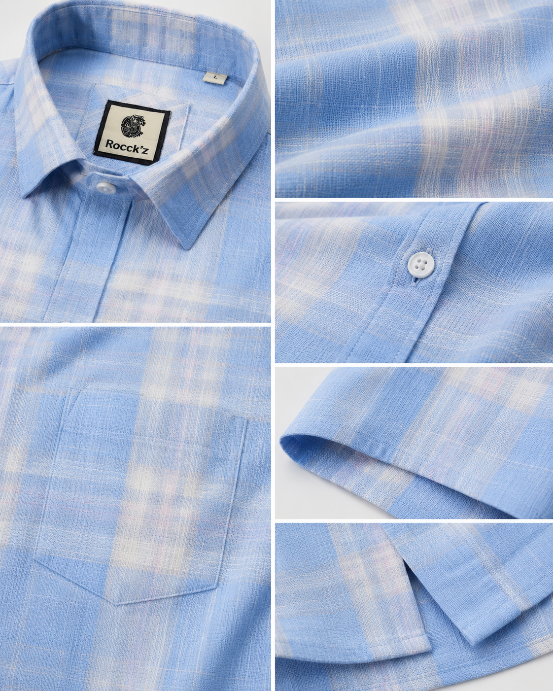 Light Blue Plaid Short Sleeve Shirt - Textured Summer Check