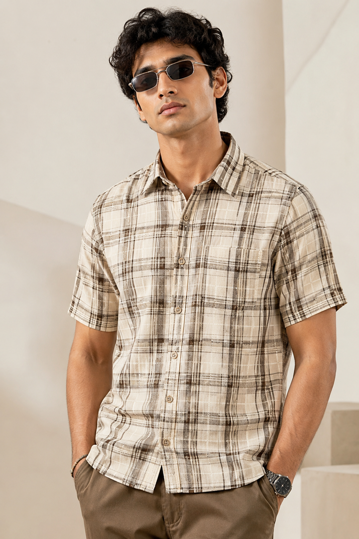 Cream & Brown Checked Cotton Short-Sleeve Casual Shirt - 26008