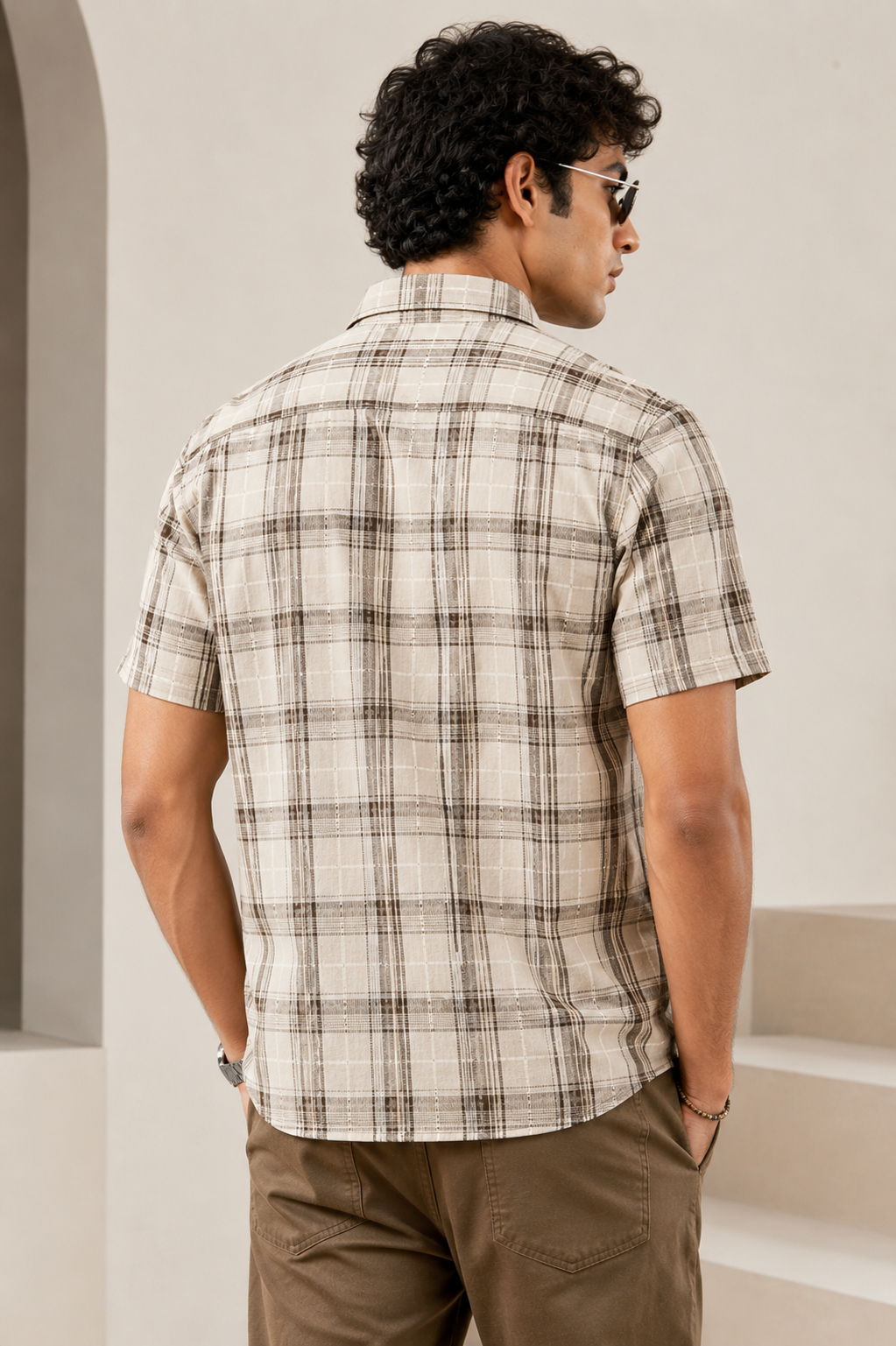 Cream & Brown Checked Cotton Short-Sleeve Casual Shirt - 26008