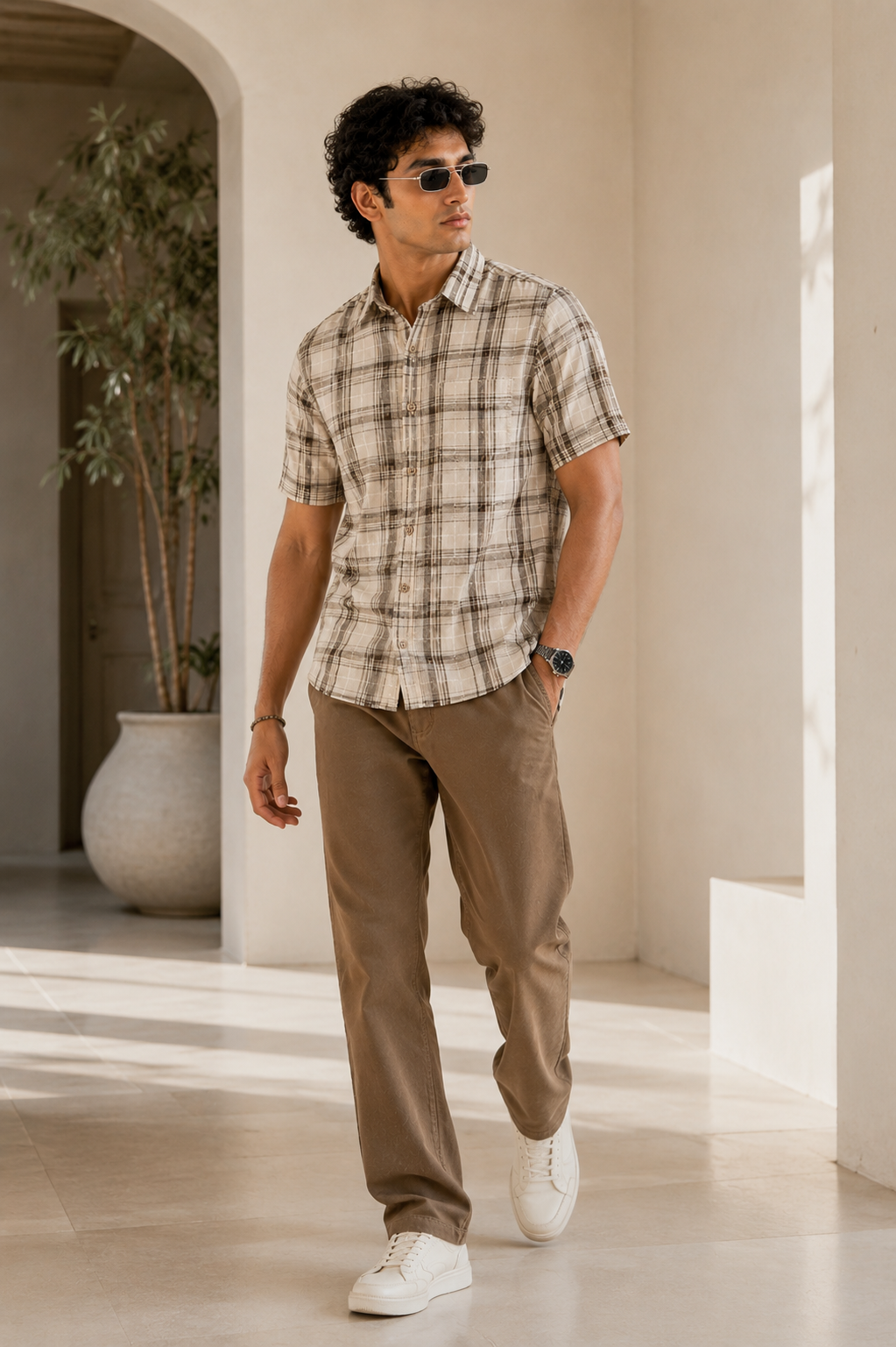 Cream & Brown Checked Cotton Short-Sleeve Casual Shirt - 26008