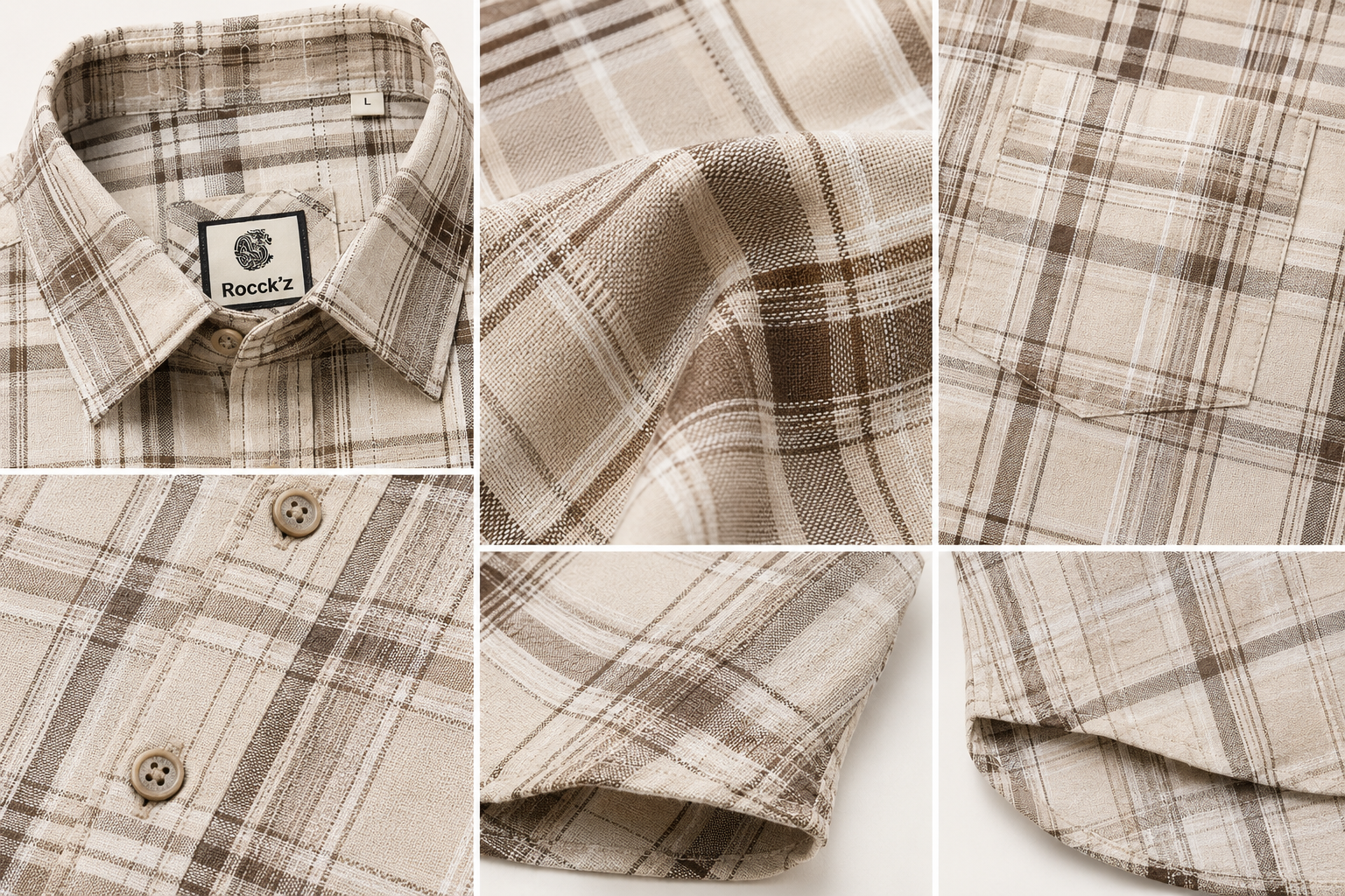 Cream & Brown Checked Cotton Short-Sleeve Casual Shirt - 26008