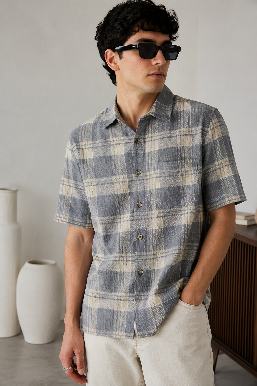 Grey & Beige Checked Cotton Short-Sleeve Casual Shirt - 27026