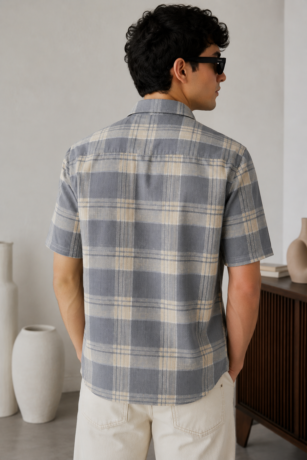 Grey & Beige Checked Cotton Short-Sleeve Casual Shirt - 27026