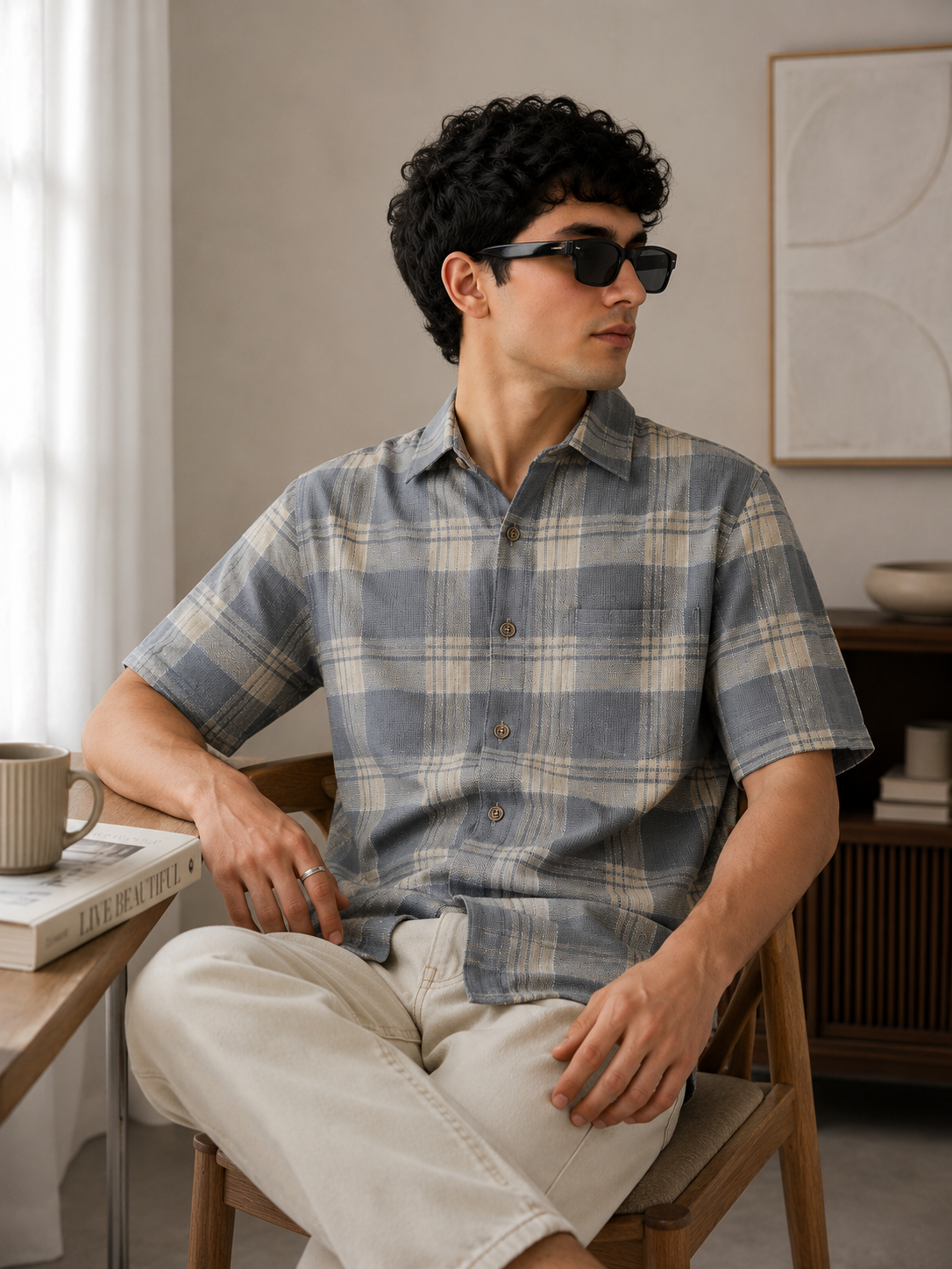 Grey & Beige Checked Cotton Short-Sleeve Casual Shirt - 27026