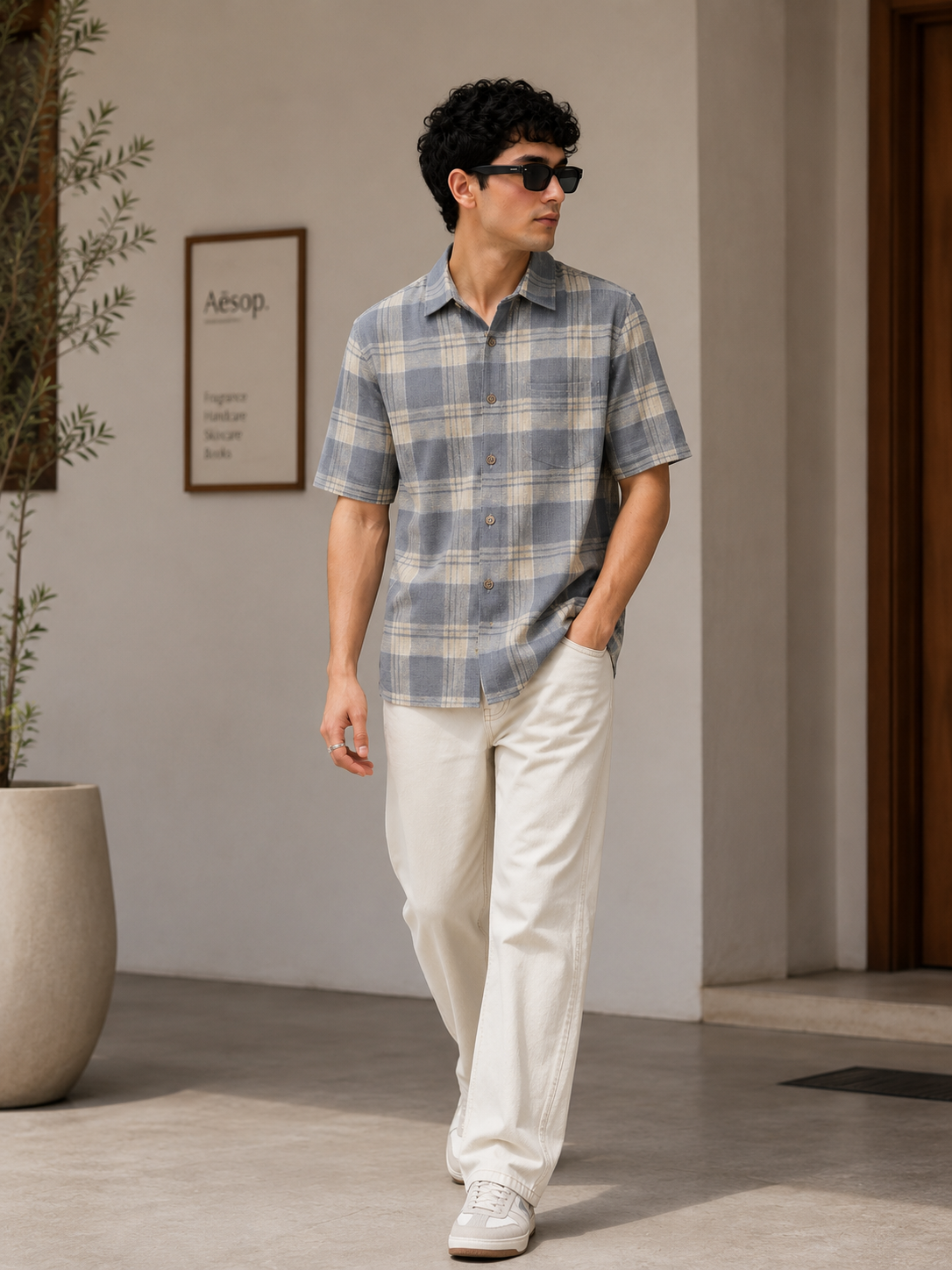 Grey & Beige Checked Cotton Short-Sleeve Casual Shirt - 27026