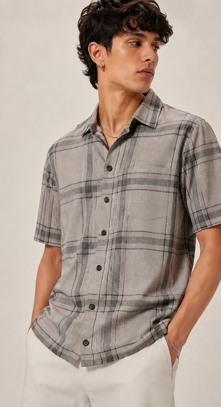 Taupe & Charcoal Textured Checkered Short-Sleeve Shirt