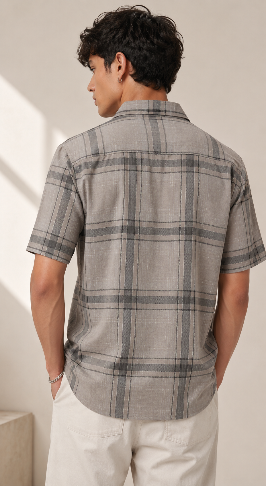 Taupe & Charcoal Textured Checkered Short-Sleeve Shirt