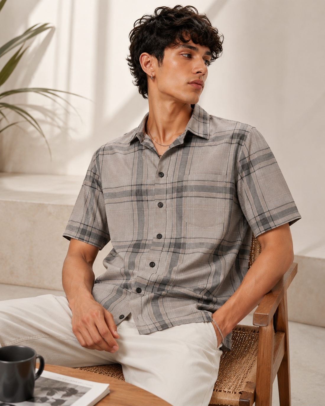 Taupe & Charcoal Textured Checkered Short-Sleeve Shirt
