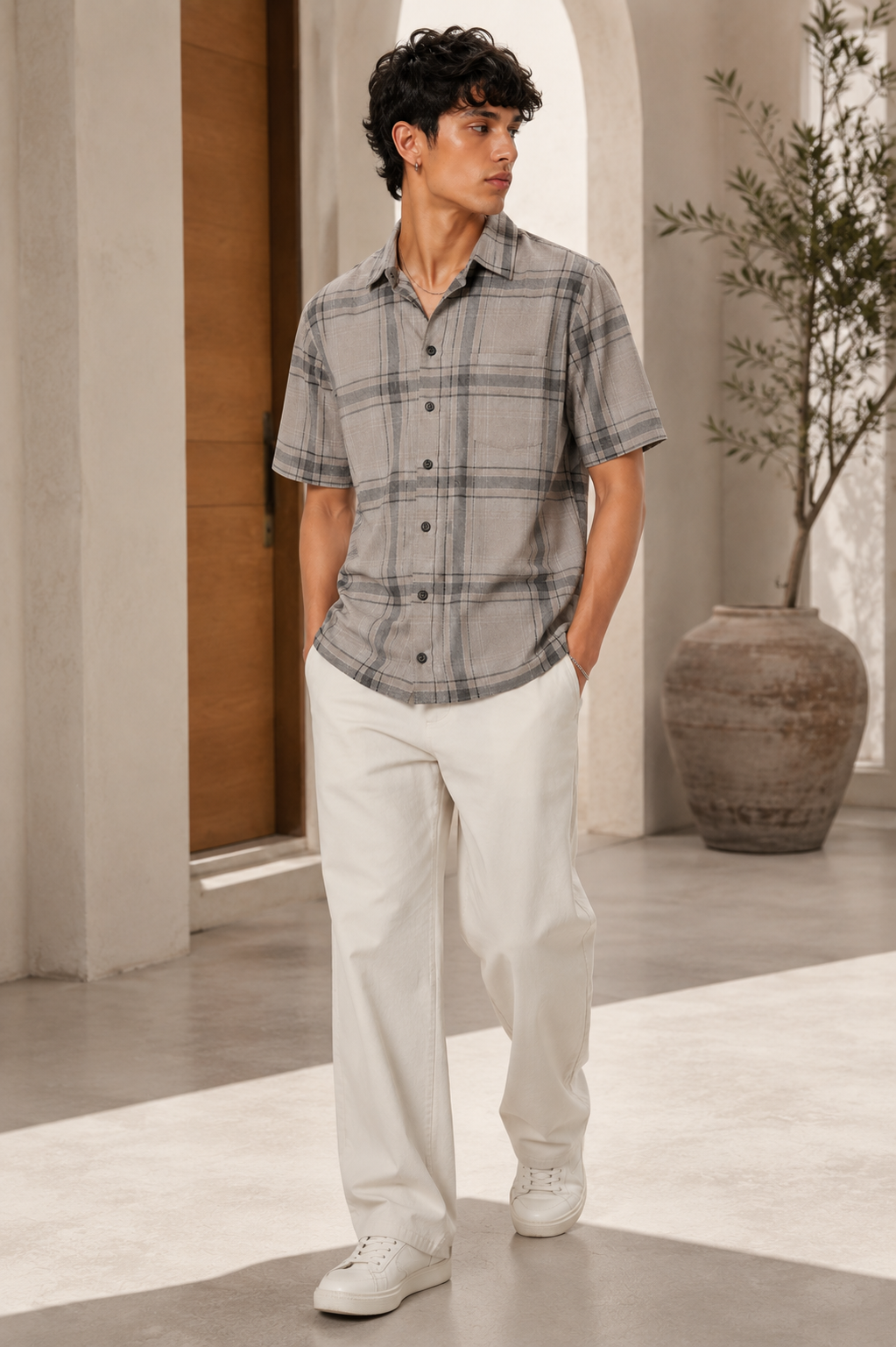 Taupe & Charcoal Textured Checkered Short-Sleeve Shirt