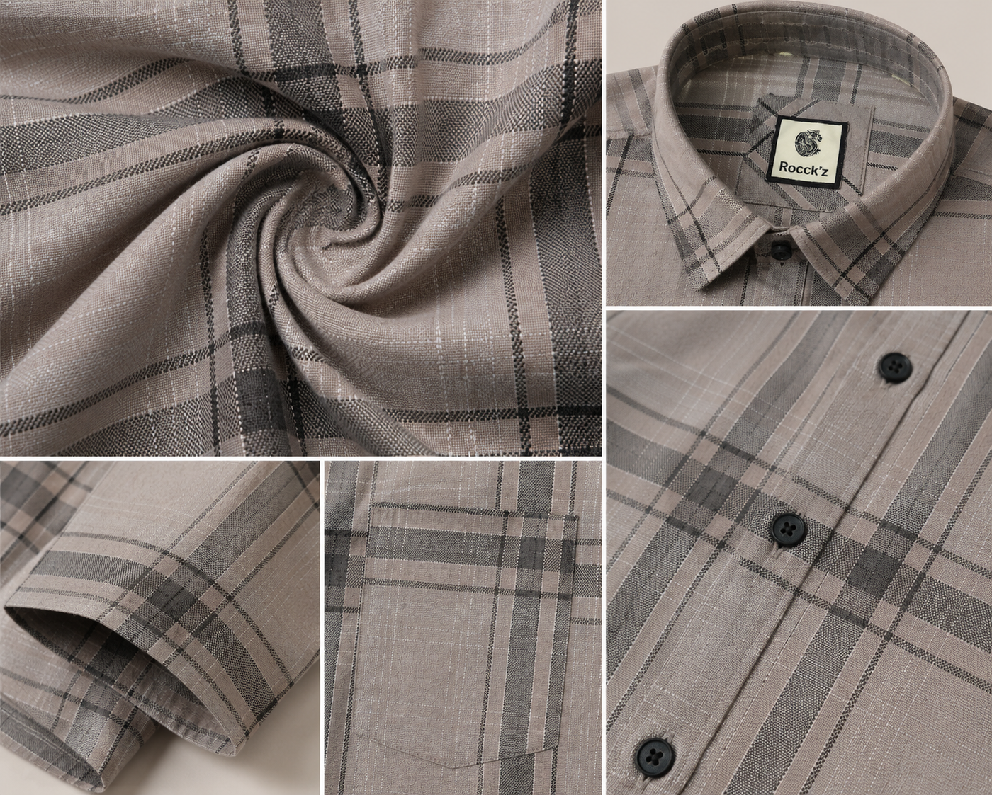 Taupe & Charcoal Textured Checkered Short-Sleeve Shirt