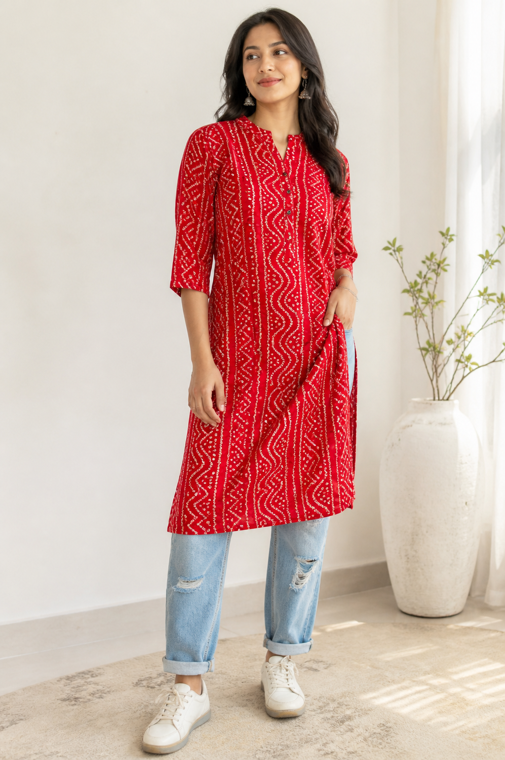 Women's Red Bandhani Print Straight Kurti - 24503
