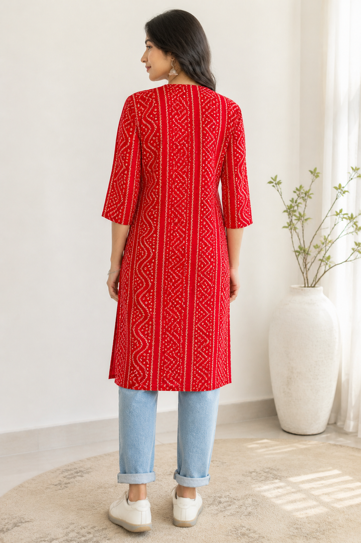 Women's Red Bandhani Print Straight Kurti - 24503