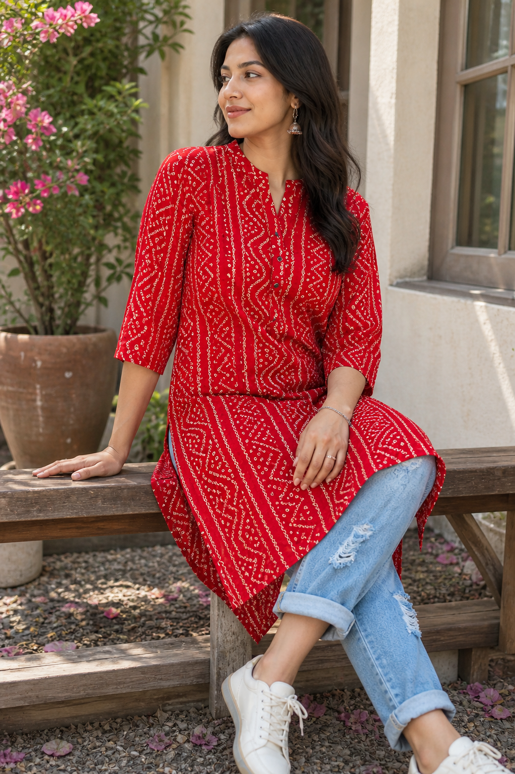 Women's Red Bandhani Print Straight Kurti - 24503