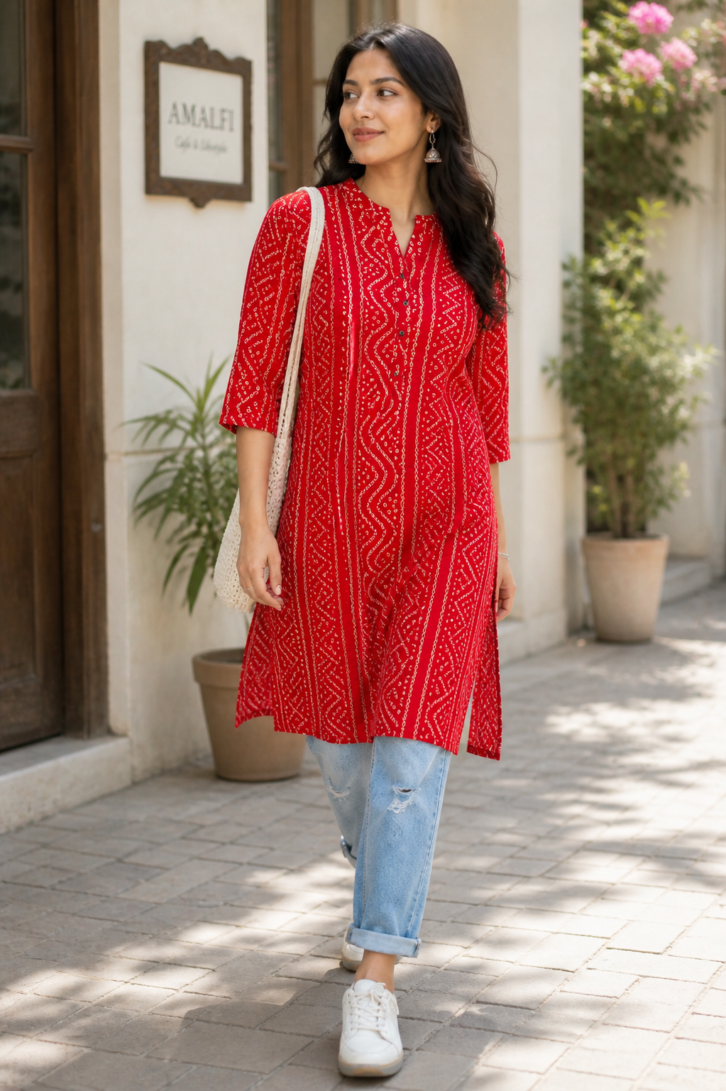 Women's Red Bandhani Print Straight Kurti - 24503