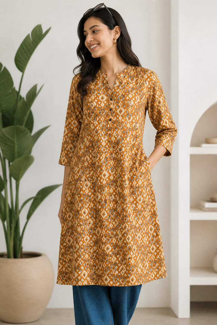 Mustard Yellow & White Geometric Print Kurti - 24496
