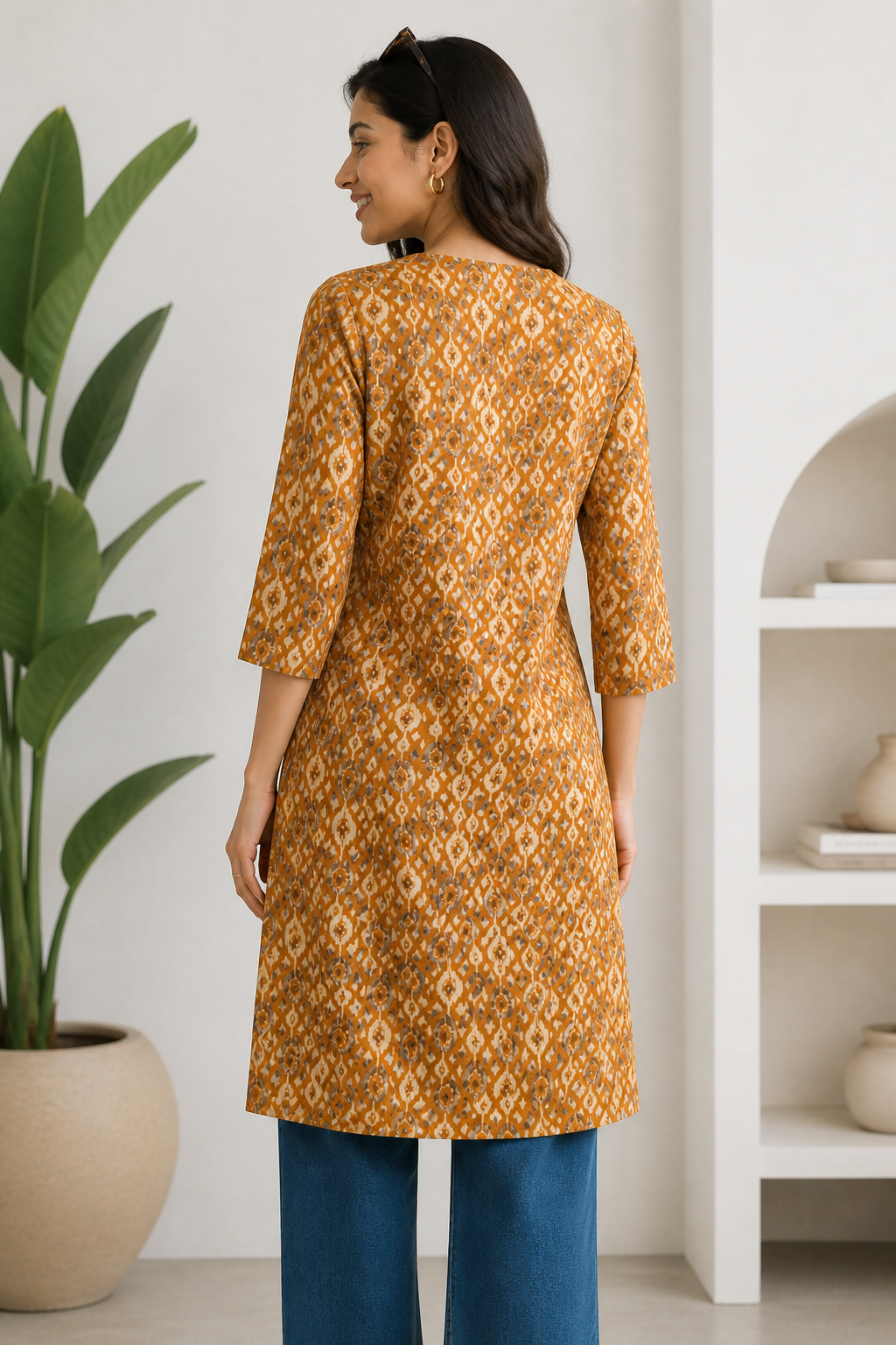 Mustard Yellow & White Geometric Print Kurti - 24496