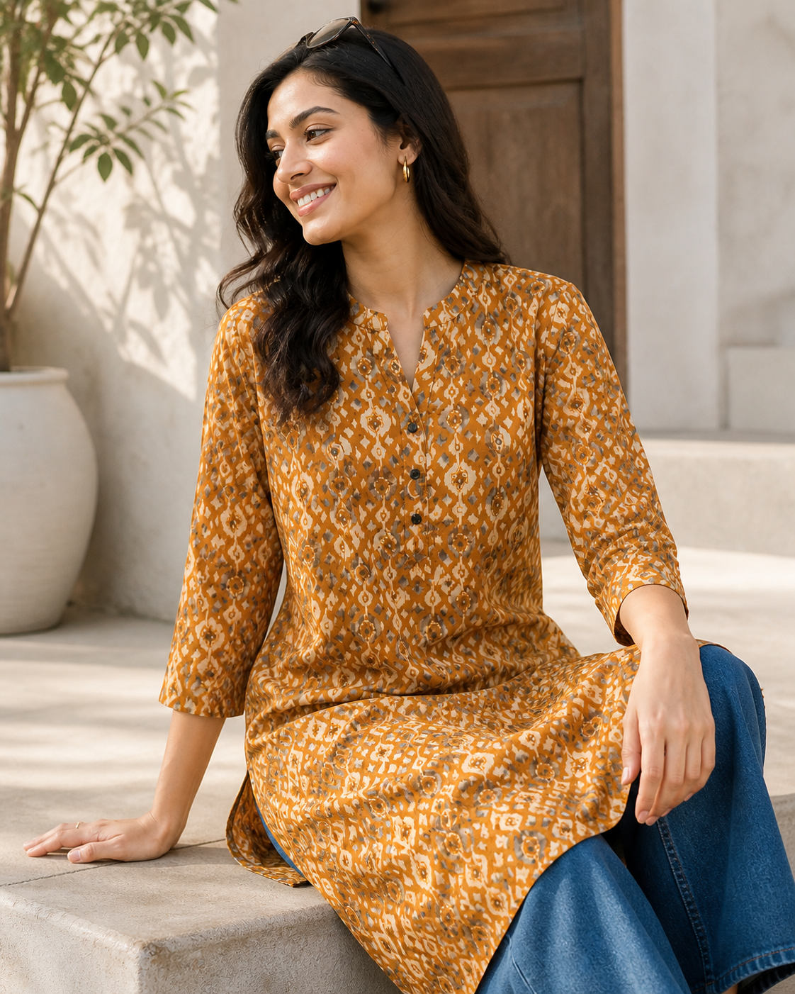 Mustard Yellow & White Geometric Print Kurti - 24496