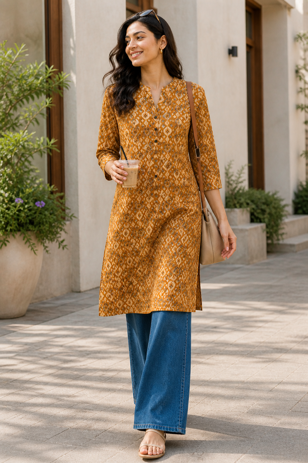 Mustard Yellow & White Geometric Print Kurti - 24496