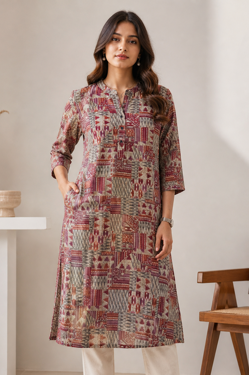 Multi-Color Geometric Patchwork Print Straight Cotton Kurti - 24512