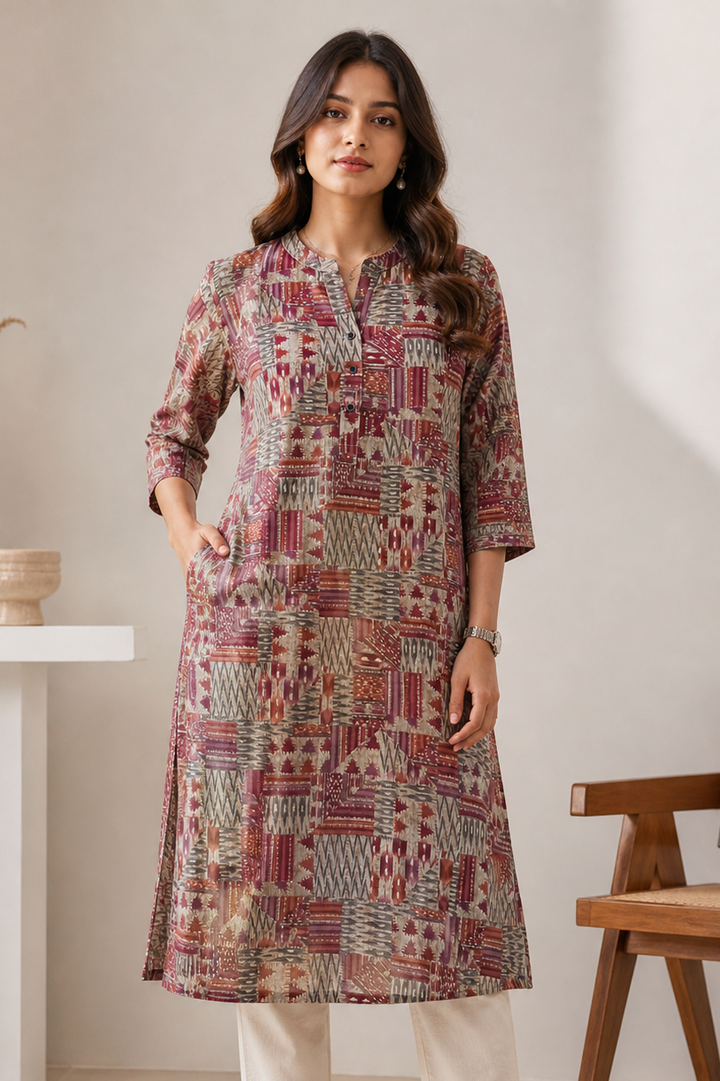 Multi-Color Geometric Patchwork Print Straight Cotton Kurti - 24512