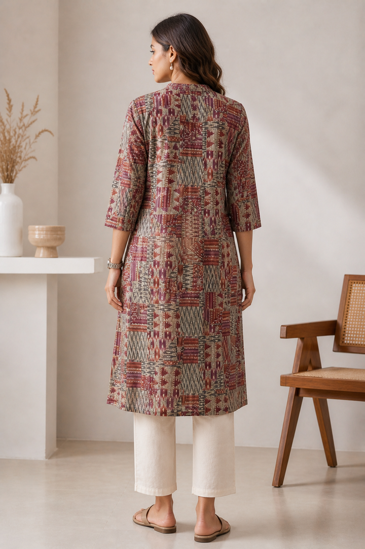 Multi-Color Geometric Patchwork Print Straight Cotton Kurti - 24512