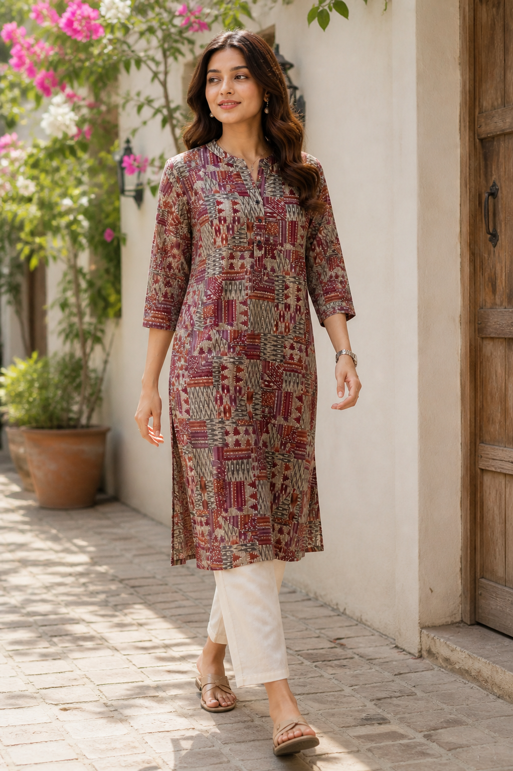 Multi-Color Geometric Patchwork Print Straight Cotton Kurti - 24512