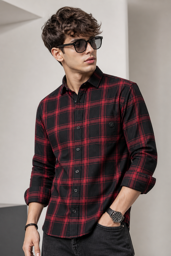 Red & Black Checked Cotton Casual Shirt - 23542