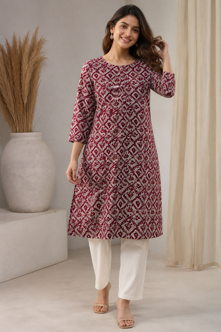 Women's Maroon & Beige Bandhani Print Cotton Kurti