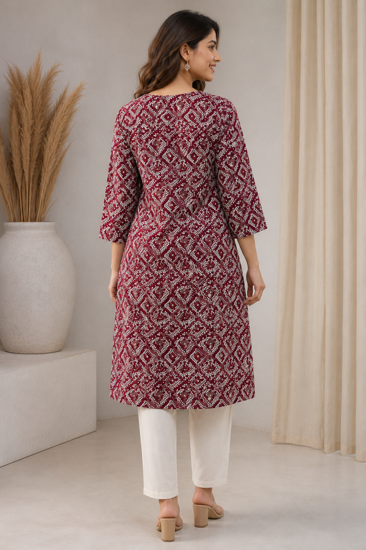 Women's Maroon & Beige Bandhani Print Cotton Kurti