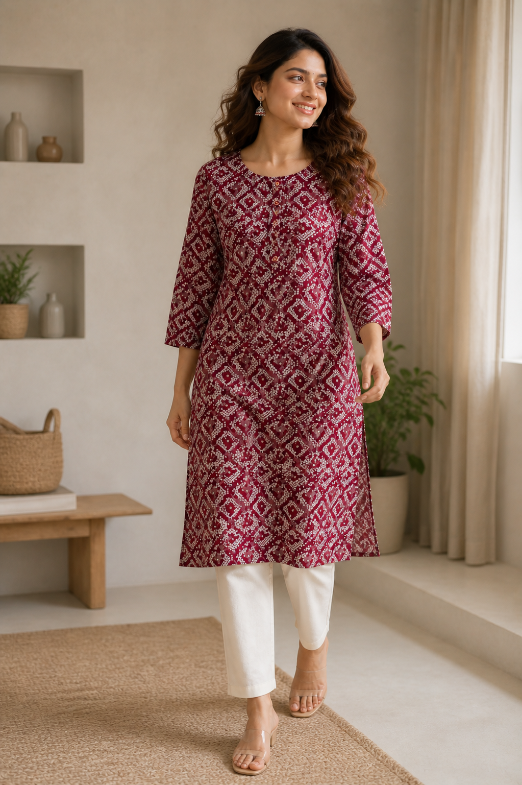 Women's Maroon & Beige Bandhani Print Cotton Kurti