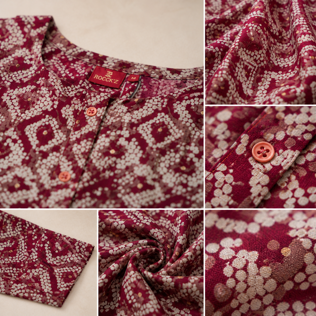 Women's Maroon & Beige Bandhani Print Cotton Kurti