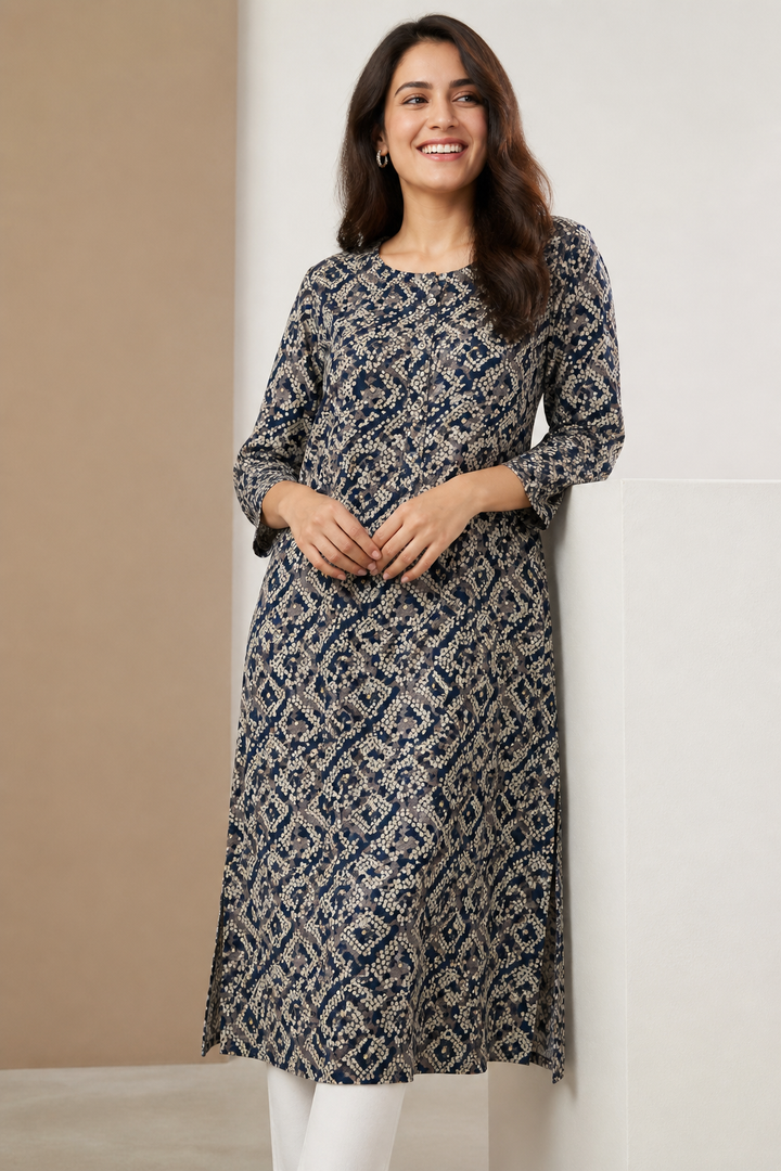 Navy Blue & Cream Geometric Print Cotton Kurti