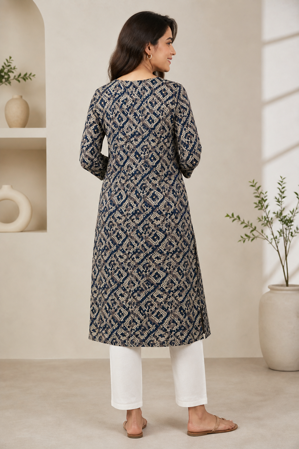 Navy Blue & Cream Geometric Print Cotton Kurti