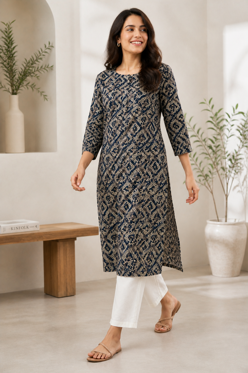 Navy Blue & Cream Geometric Print Cotton Kurti