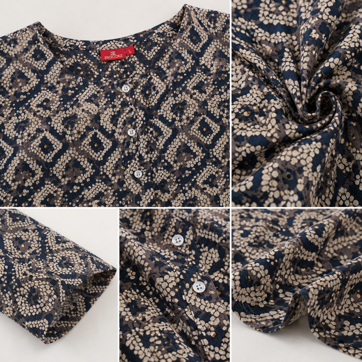 Navy Blue & Cream Geometric Print Cotton Kurti