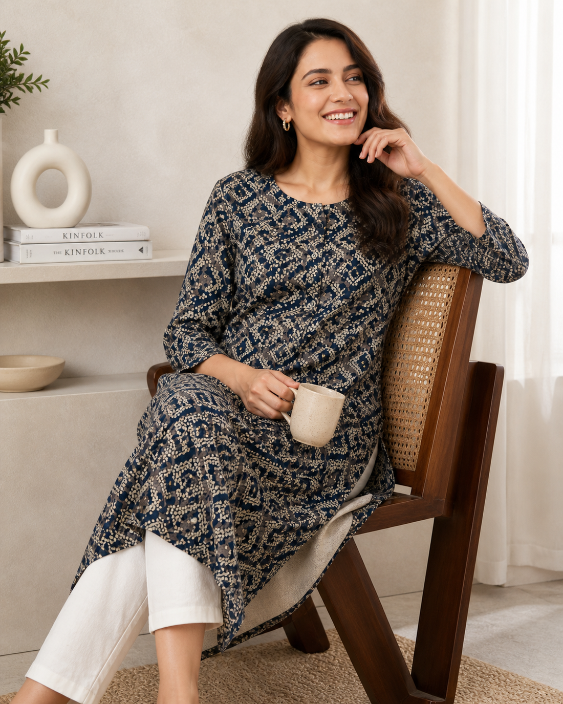 Navy Blue & Cream Geometric Print Cotton Kurti