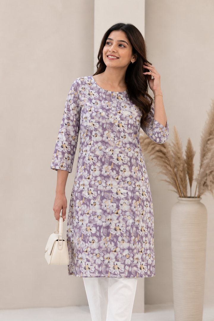Lavender & White Floral Print Cotton Kurti