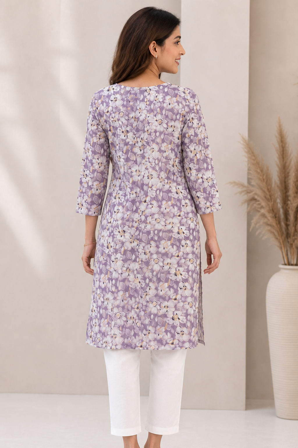 Lavender & White Floral Print Cotton Kurti