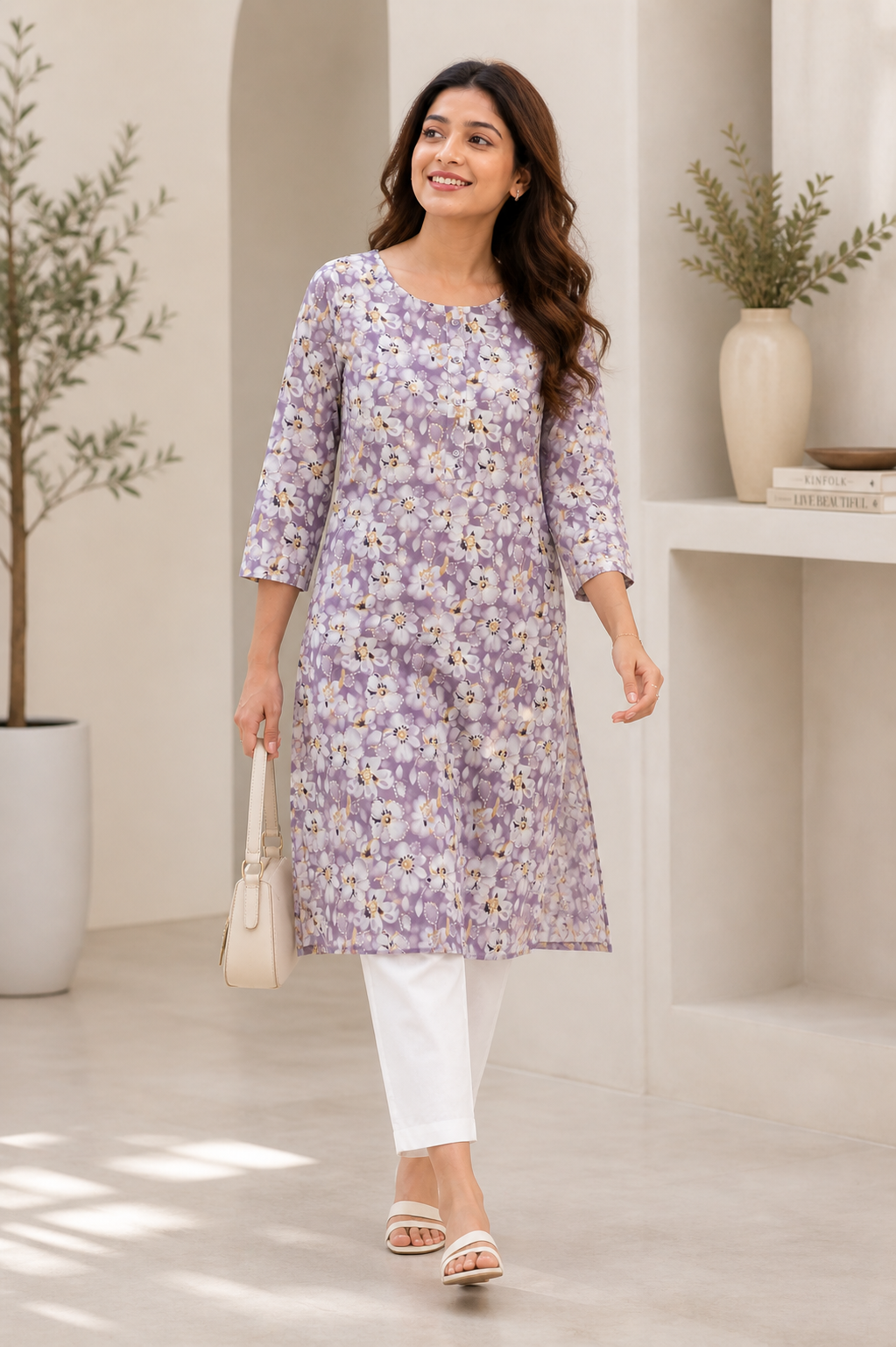 Lavender & White Floral Print Cotton Kurti