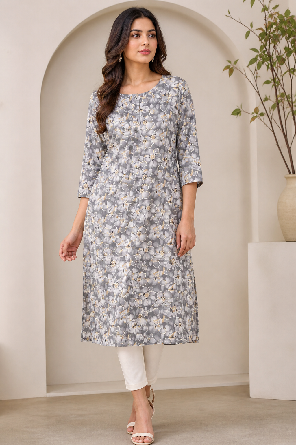 Grey & White Floral Print Cotton Straight Kurti