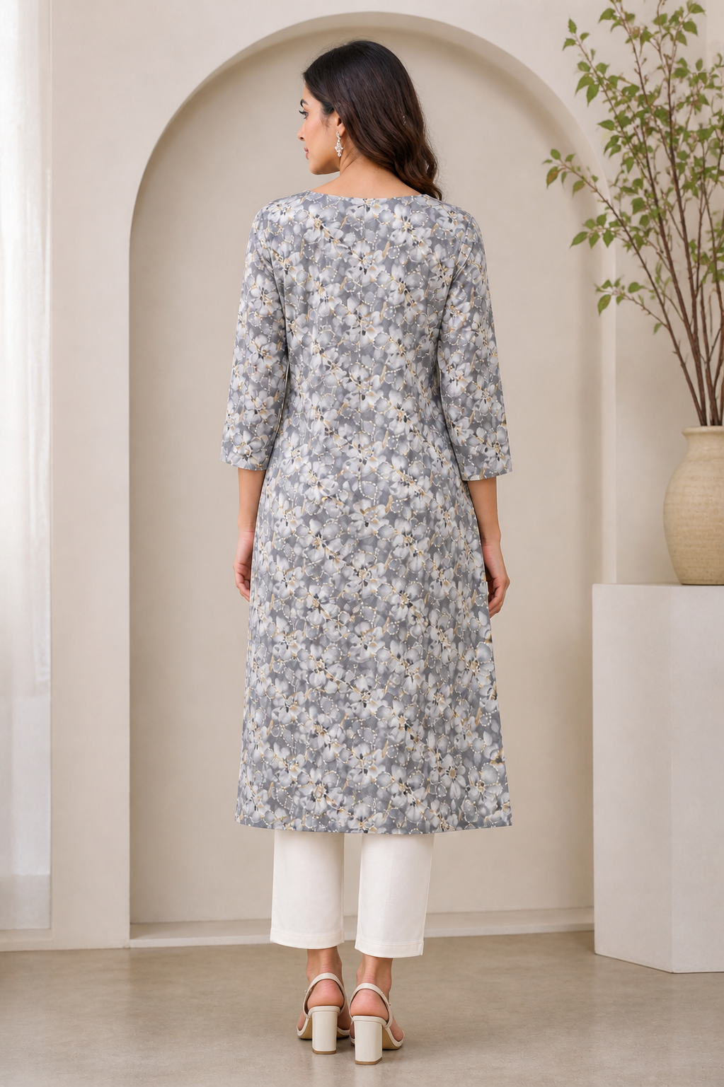 Grey & White Floral Print Cotton Straight Kurti