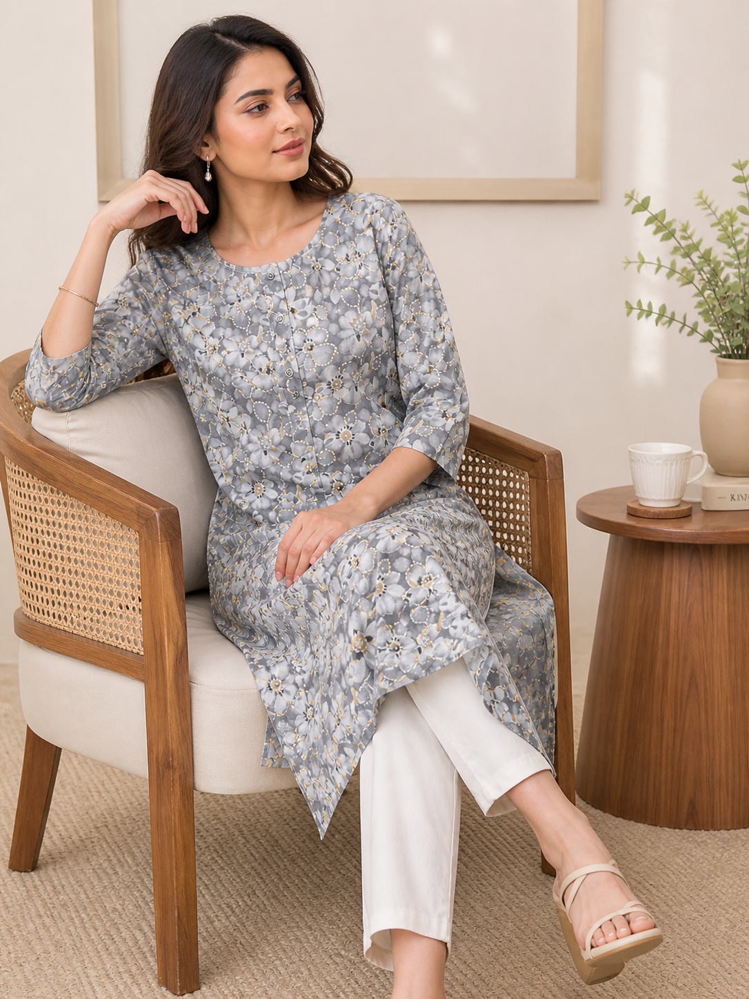 Grey & White Floral Print Cotton Straight Kurti