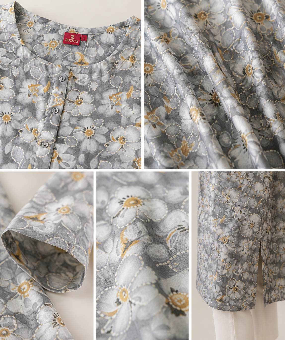 Grey & White Floral Print Cotton Straight Kurti